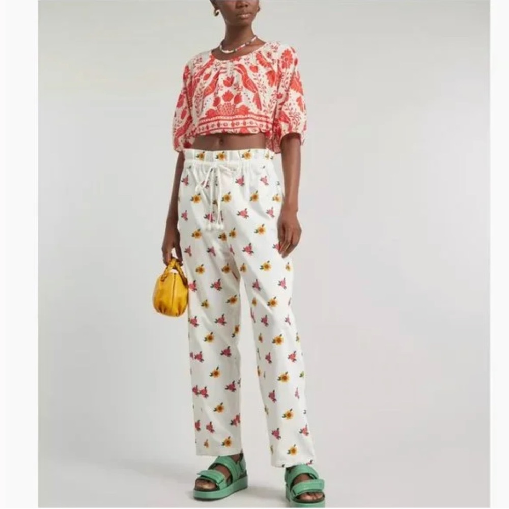 Farm Rio Mixed Cross Stitch Flowers Embroidered Pants in Off White Women's S